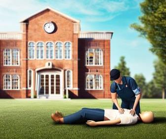 CPR being performed in front of a school